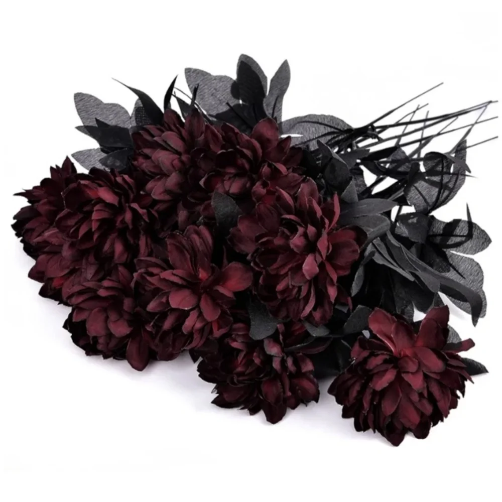 10pc Long Stem Wine Red Dahlias Silk Flowers Wedding Halloween Fall Table Decor